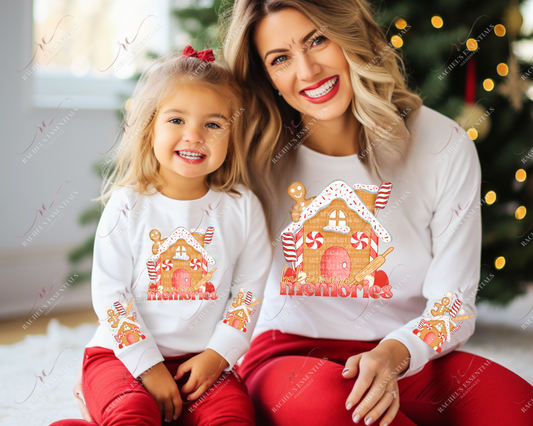 Bake More Memories. Gingerbread house with with peppermint, sprinkles and a rolling pin. Gingerbread man peaking out of the top..
