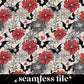 red, white & grey flowers with black bats, spiders & spiderwebs throughout the design.