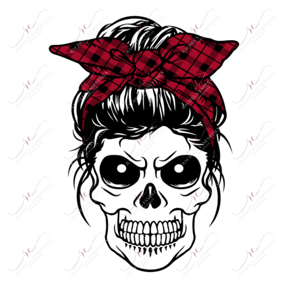 Messy Bun Skull Red Plaid Bow - Digital Download